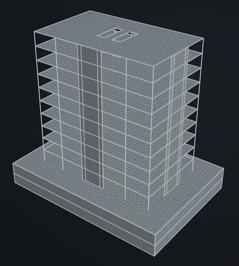 Finite-element model of a 10-storey building with shear walls, slabs and basements, shell-element mesh.